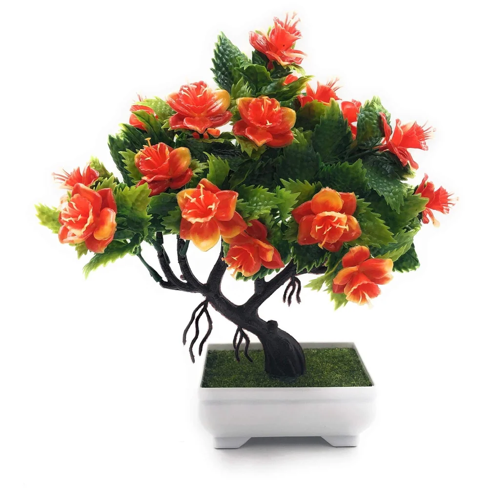 Bonsai Artificial Dwarf Tree ~ Artificial Plants with Pot and Grass Ideal for Home Décor. with Realistic Detailing Size 25 cm x 23 cm (Pot - 11cm x Breath 7cm) (Orange)