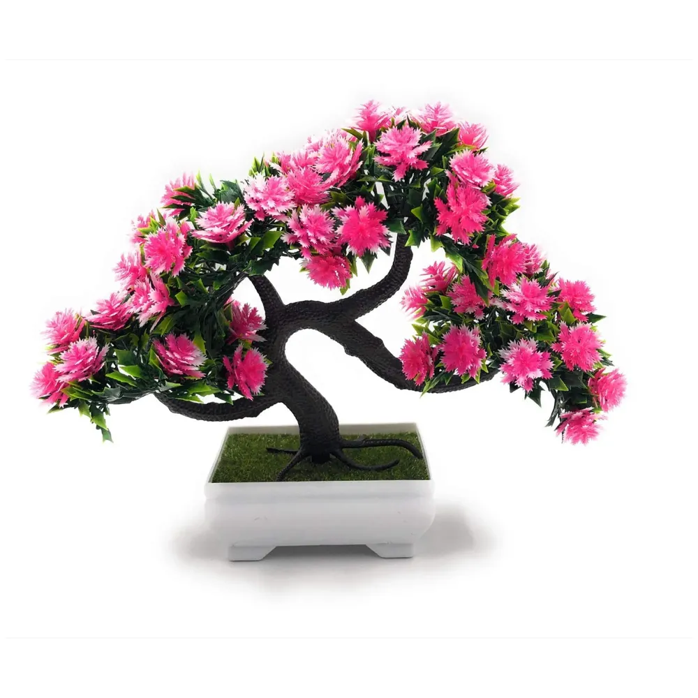 Bonsai Artificial Dwarf Tree ~ Artificial Plants with Pot and Grass Ideal for Home Décor. with Realistic Detailing Size Size - 23cm x 20cm (Pot - 11cm x Breath 7cm) (Pink)