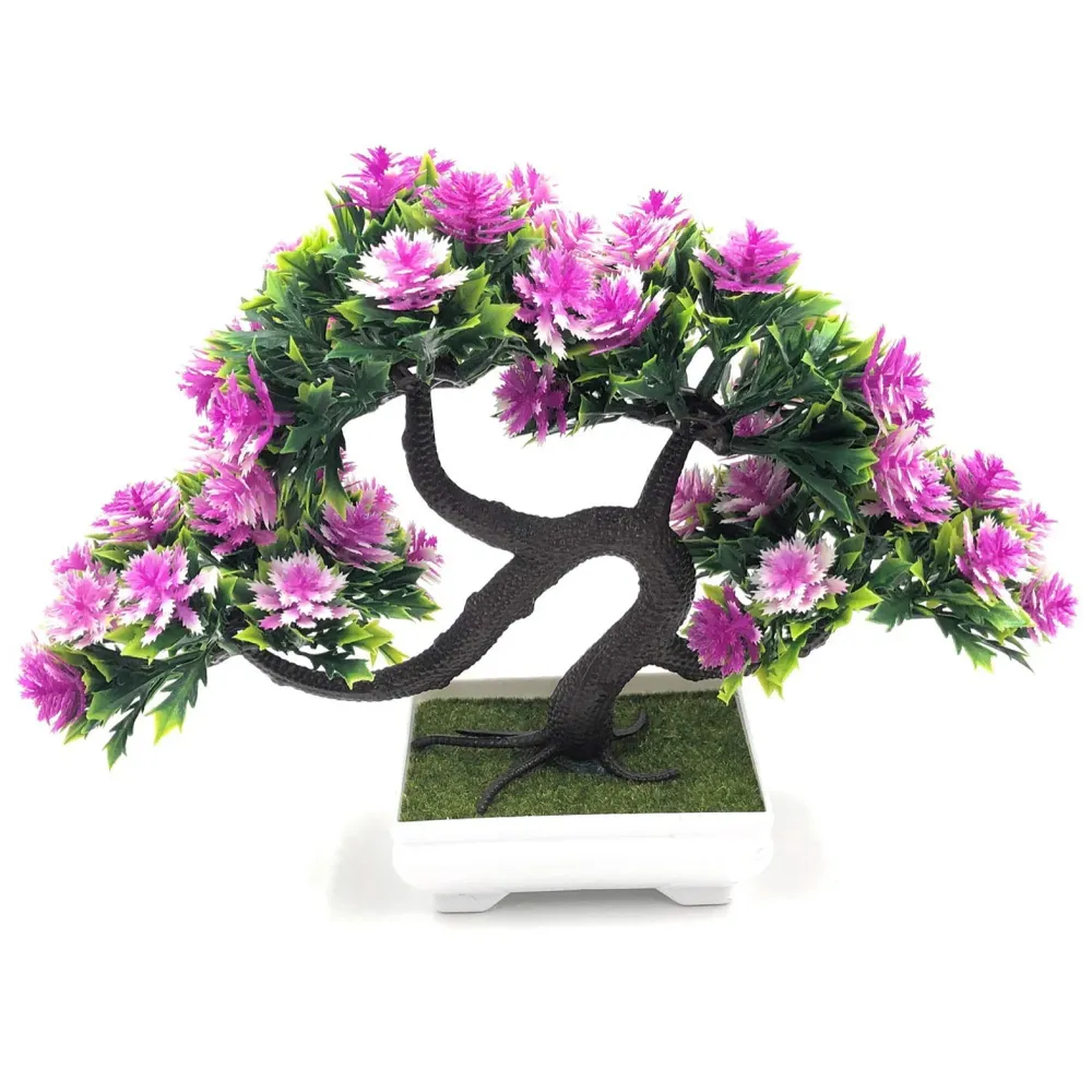 Bonsai Artificial Dwarf Tree with Pot, Grass and Realistic Detailing (23x20 cm, Pot 11x 7 cm, Purple)