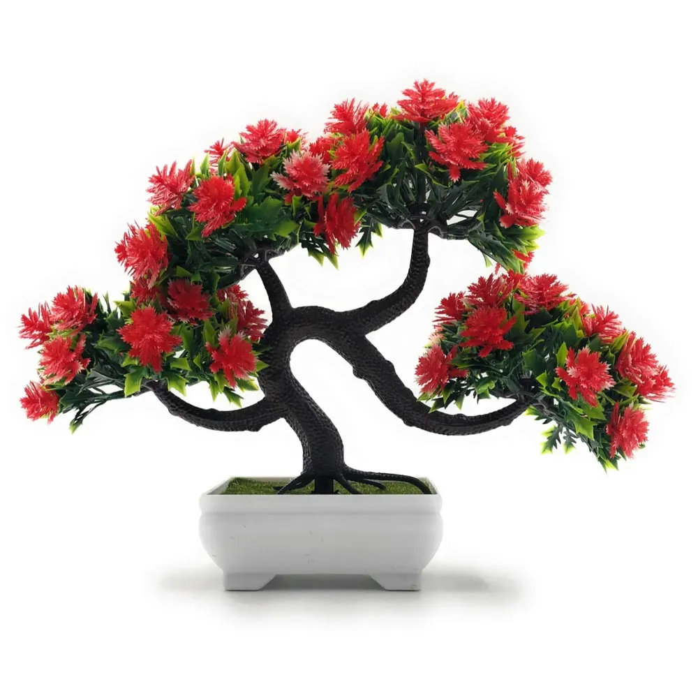Bonsai Artificial Dwarf Tree Artificial Plants with Pot and Grass for Home Decor with Realistic Detailing Size (23 x 20 cm, Pot -11 x Breath 7 cm, Red)