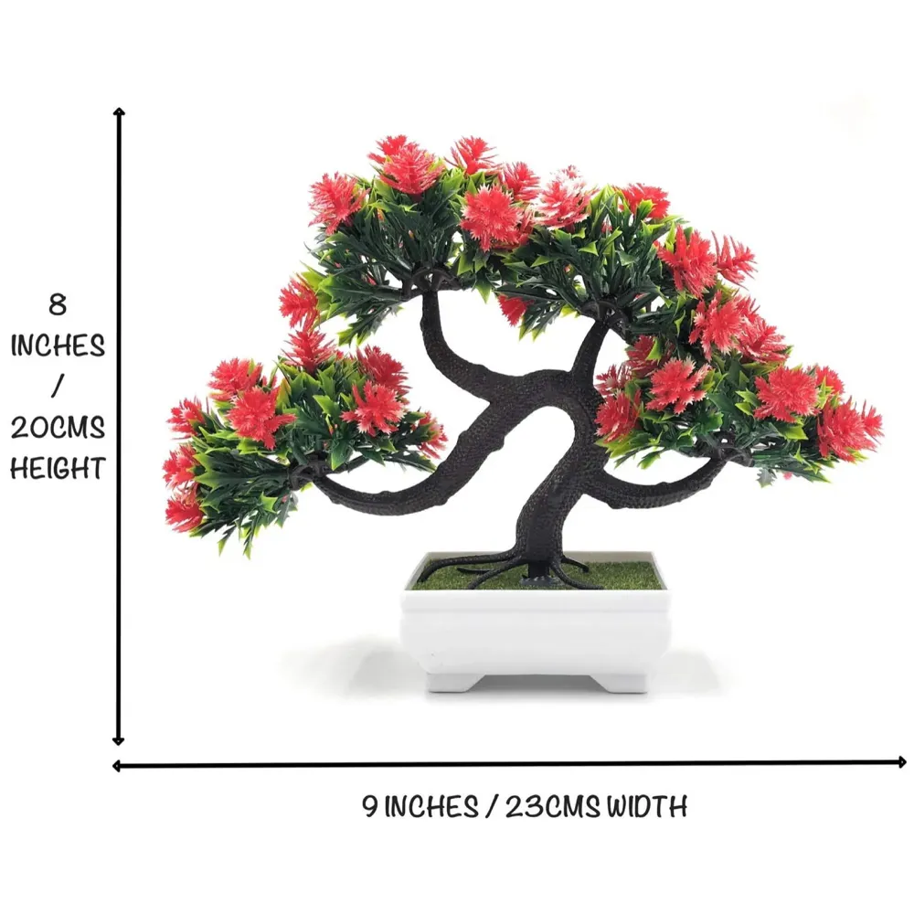 Bonsai Artificial Dwarf Tree Artificial Plants with Pot and Grass for Home Decor with Realistic Detailing Size (23 x 20 cm, Pot -11 x Breath 7 cm, Red)