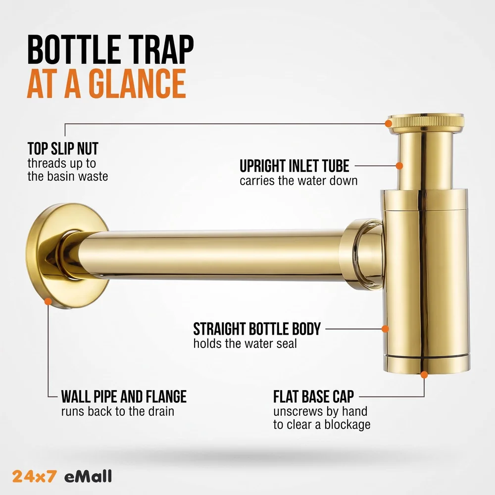 Gold Bottle Trap For Basin, Waste Pipe For Water Outlet Bathroom Sink Wash Basin Kitchen Golden Colour -300mm Pipe