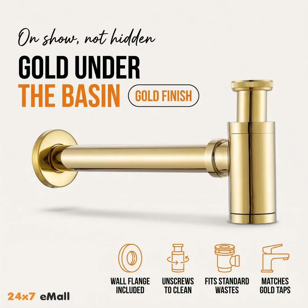 Gold Bottle Trap For Basin, Waste Pipe For Water Outlet Bathroom Sink Wash Basin Kitchen Golden Colour -300mm Pipe