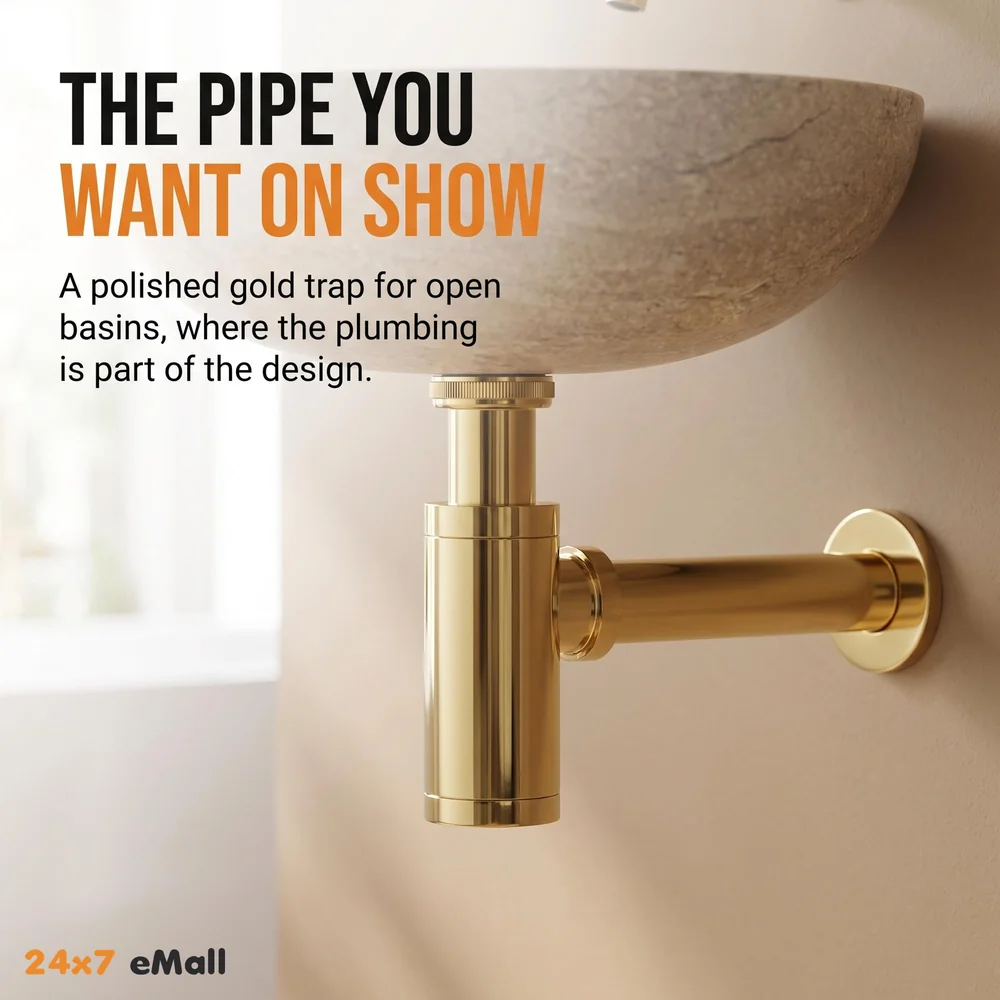 Gold Bottle Trap For Basin, Waste Pipe For Water Outlet Bathroom Sink Wash Basin Kitchen Golden Colour -300mm Pipe