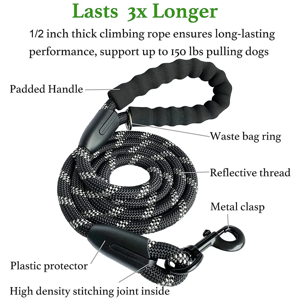 Braided 5 Ft, Strong Dog Leash with Comfortable Padded Handle and Highly Reflective Threads for Small Medium and Large Dogs. (Black)