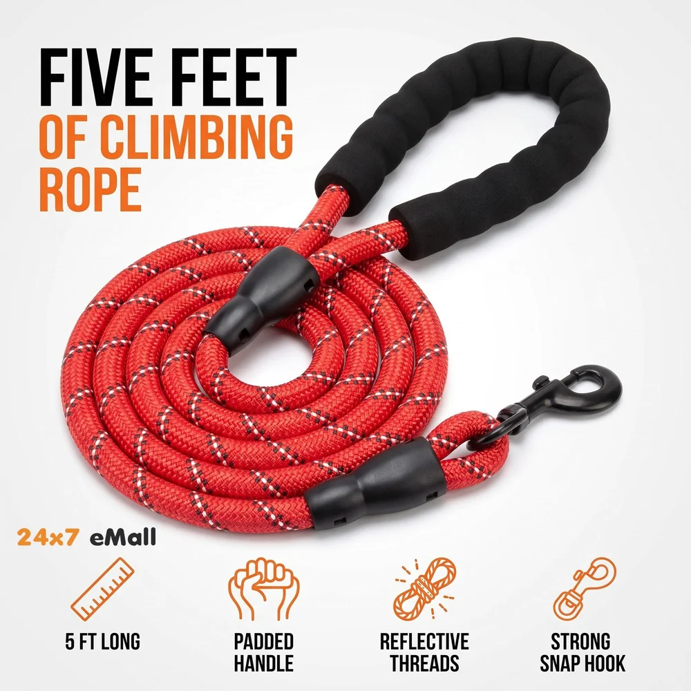 Braided 5 Ft, Strong Dog Leash with Comfortable Padded Handle and Highly Reflective Threads for Small Medium and Large Dogs. (Red)