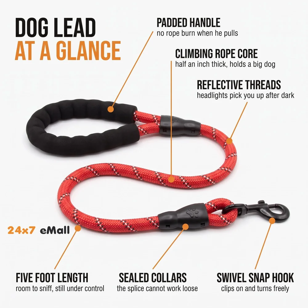 Braided 5 Ft, Strong Dog Leash with Comfortable Padded Handle and Highly Reflective Threads for Small Medium and Large Dogs. (Red)