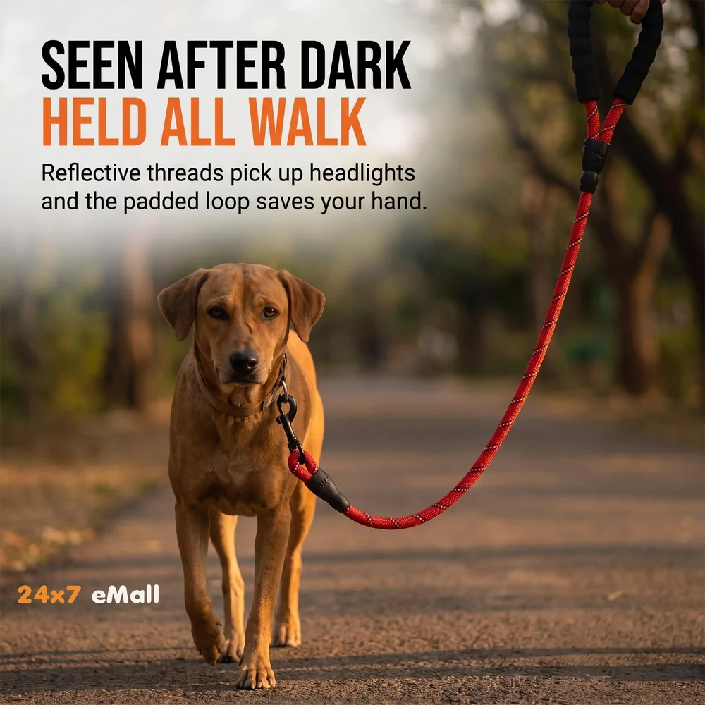 Braided 5 Ft, Strong Dog Leash with Comfortable Padded Handle and Highly Reflective Threads for Small Medium and Large Dogs. (Red)
