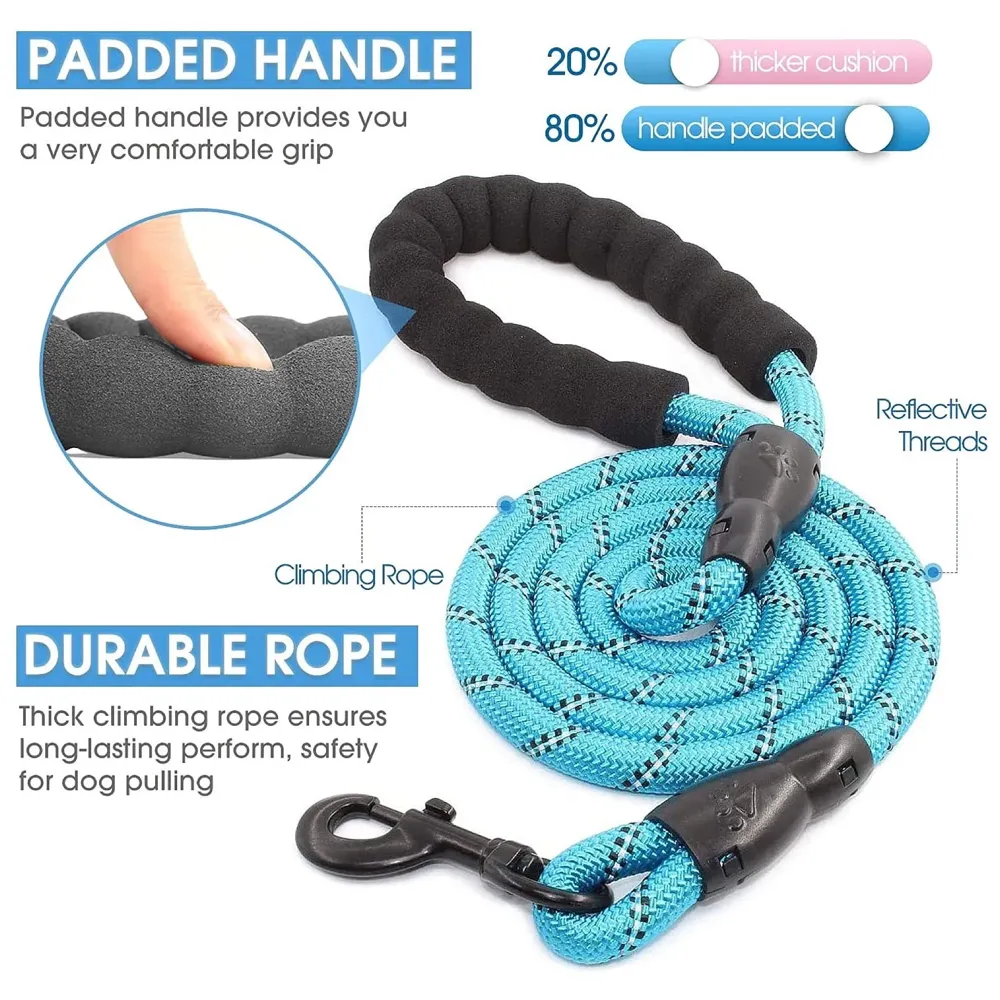 Braided 4 Ft, Strong Dog Leash with Comfortable Padded Handle and Highly Reflective Threads for Small Medium and Large Dogs. (Light Blue)