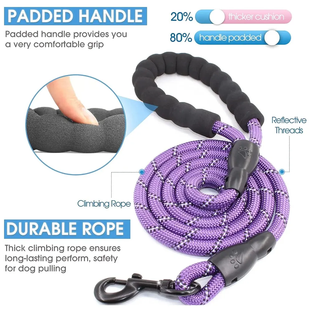 Braided 4 Ft, Strong Dog Leash with Comfortable Padded Handle and Highly Reflective Threads for Small Medium and Large Dogs. (Purple)