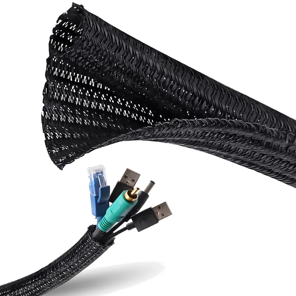 6.6ft Braided Cable Management Sleeve Protector 2 Meter | 1/2 Inch Self-Wrapping Split Wire Loom | TV Computer Home Office | Flexible Cut-to-Length | Black