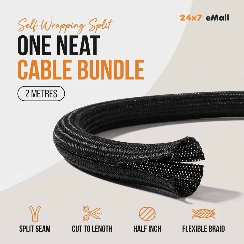 6.6ft Braided Cable Management Sleeve Protector 2 Meter | 1/2 Inch Self-Wrapping Split Wire Loom | TV Computer Home Office | Flexible Cut-to-Length | Black