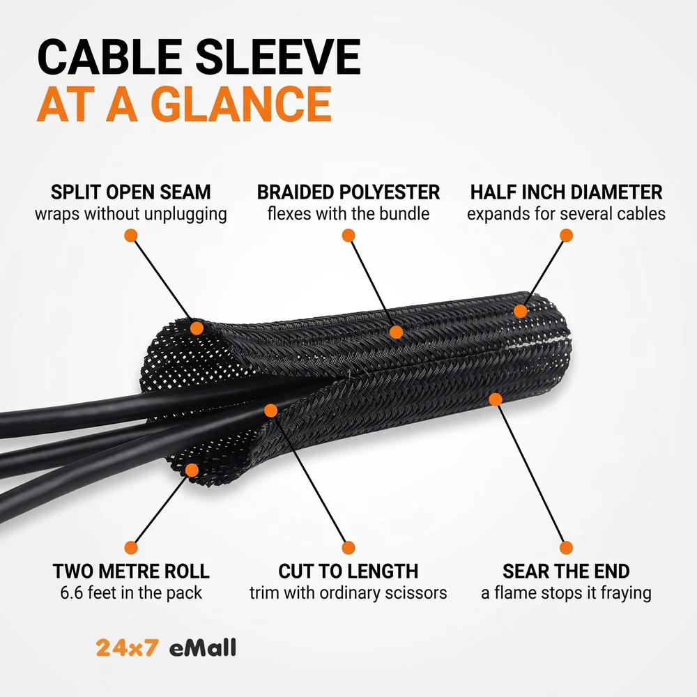 6.6ft Braided Cable Management Sleeve Protector 2 Meter | 1/2 Inch Self-Wrapping Split Wire Loom | TV Computer Home Office | Flexible Cut-to-Length | Black
