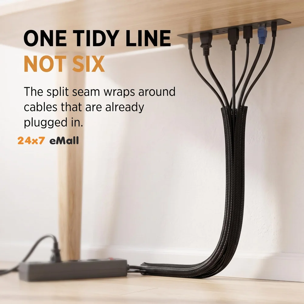 6.6ft Braided Cable Management Sleeve Protector 2 Meter | 1/2 Inch Self-Wrapping Split Wire Loom | TV Computer Home Office | Flexible Cut-to-Length | Black