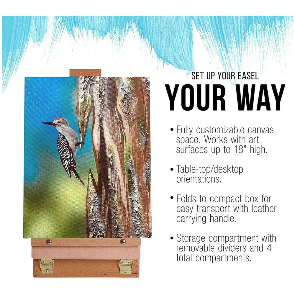 Adjustable Table Top Easel, Premium Wood Box Portable Storage Case, Painting Drawing Sketching