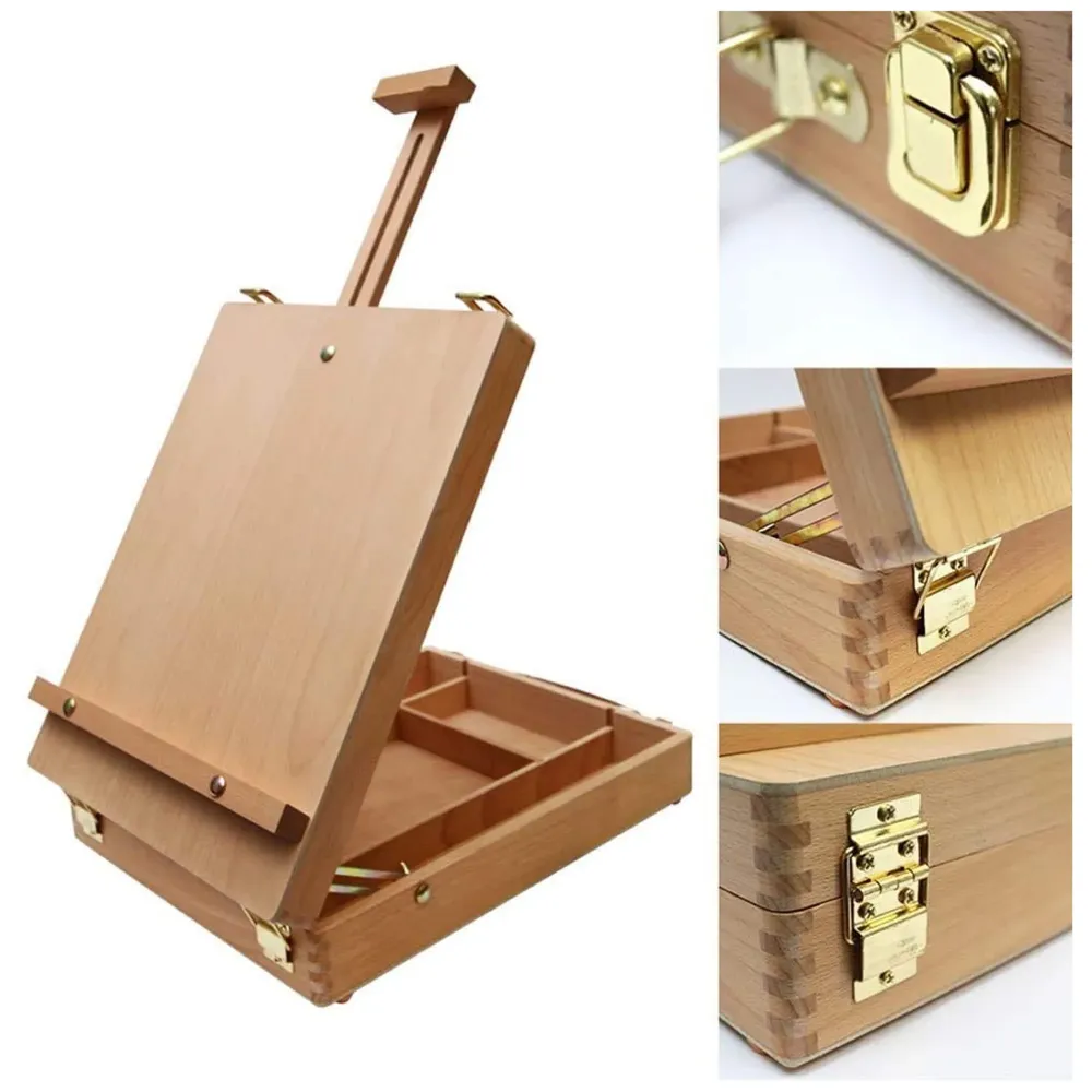 Adjustable Table Top Easel, Premium Wood Box Portable Storage Case, Painting Drawing Sketching