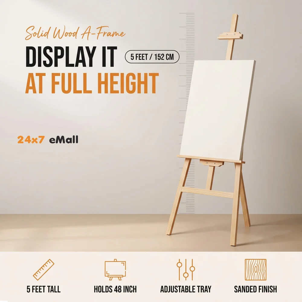 Wooden Display Adjustable Stand Heavy Artist Easel 3 Legs for Painting, Holding Pictures, Display and Advertisements. 5 Feet (152 cm). Showroom Display, Painting, Drawing. (Wooden)