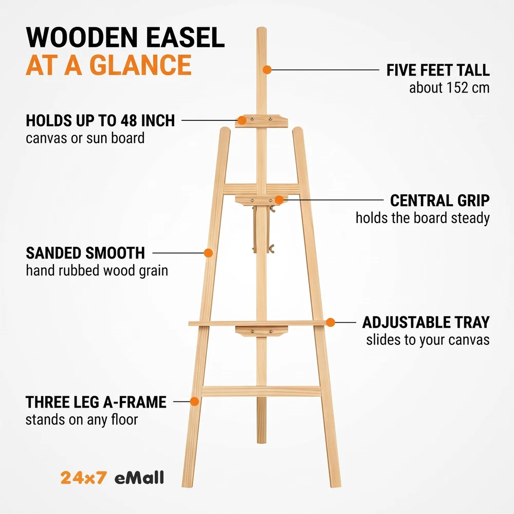 Wooden Display Adjustable Stand Heavy Artist Easel 3 Legs for Painting, Holding Pictures, Display and Advertisements. 5 Feet (152 cm). Showroom Display, Painting, Drawing. (Wooden)
