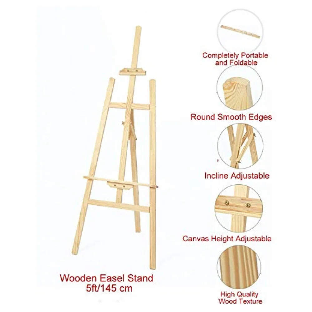 5 ft (152cm) Wooden Easel Canvas Holder Adjustable Stand for Painting, Artist Display, Advertisements and Showroom Drawing (Wood)