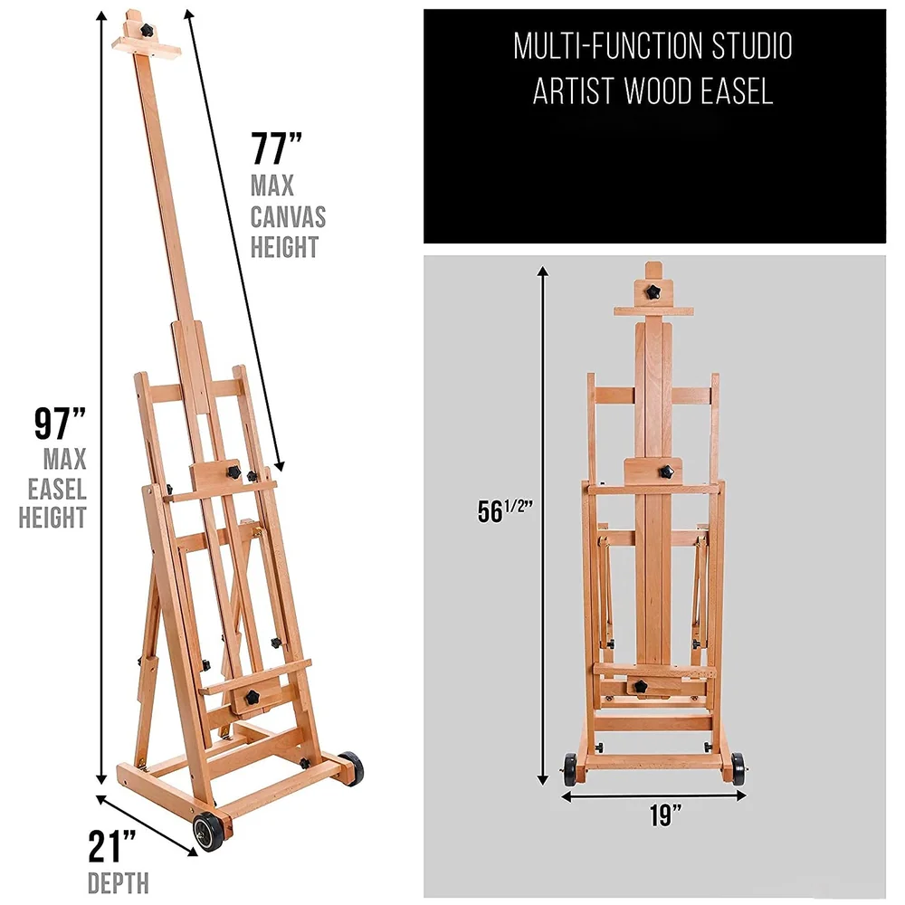 Studio Artist Wooden Easel H-Frame with Wheels Mast to 97 Inch