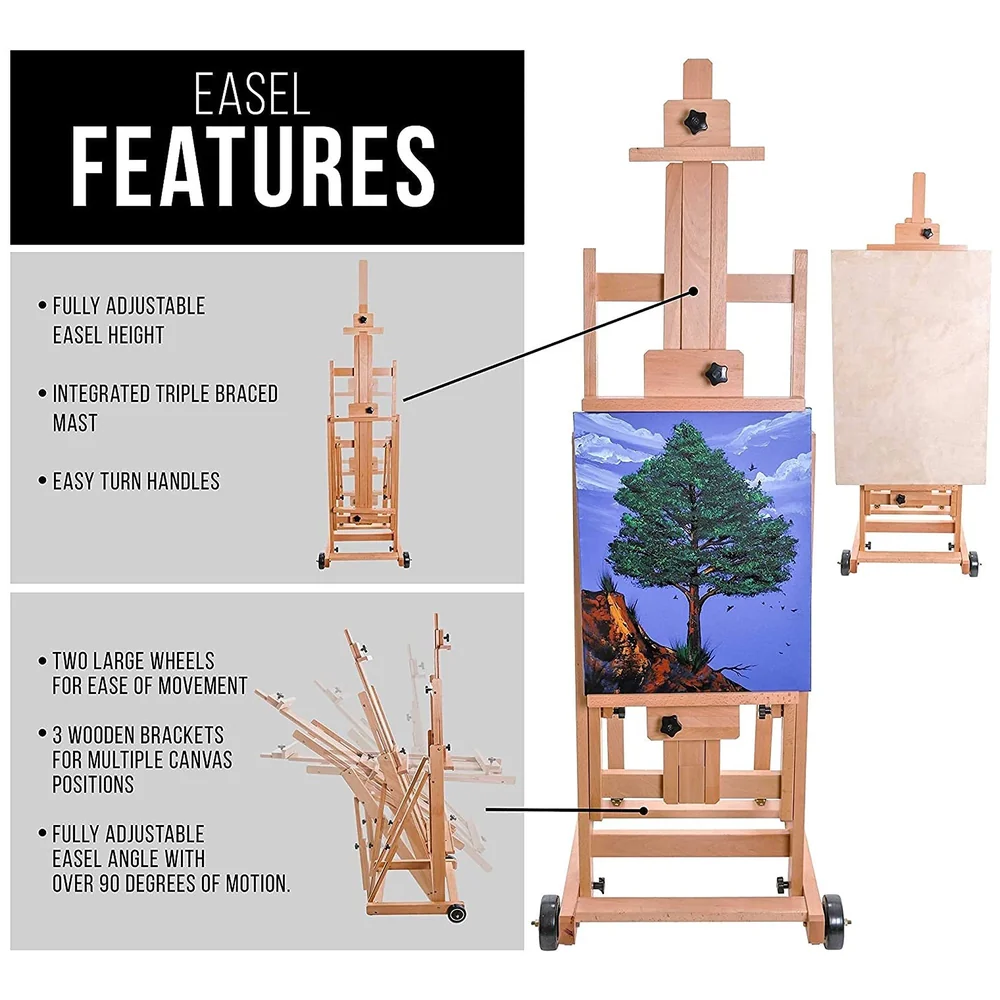 Studio Artist Wooden Easel H-Frame with Wheels Mast to 97 Inch