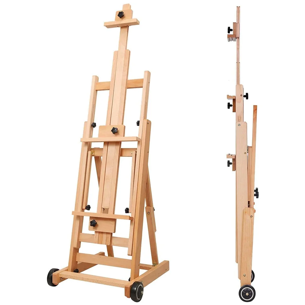 Studio Artist Wooden Easel H-Frame with Wheels Mast to 97 Inch