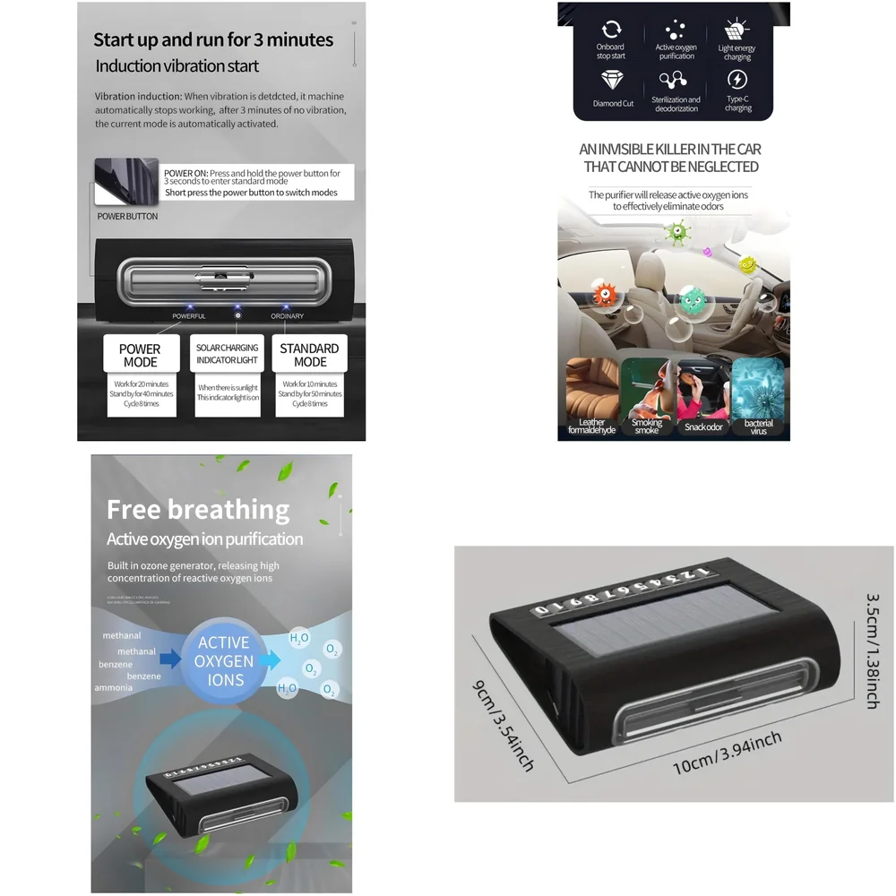 Car Air Purifier Solar Powered – Fresh Air Automatic Quiet Portable Air Purifier for Car, Removes 99.9% of Dust, Smoke, Odours, and Harmful Particles, Ideal for Car Office Bedroom