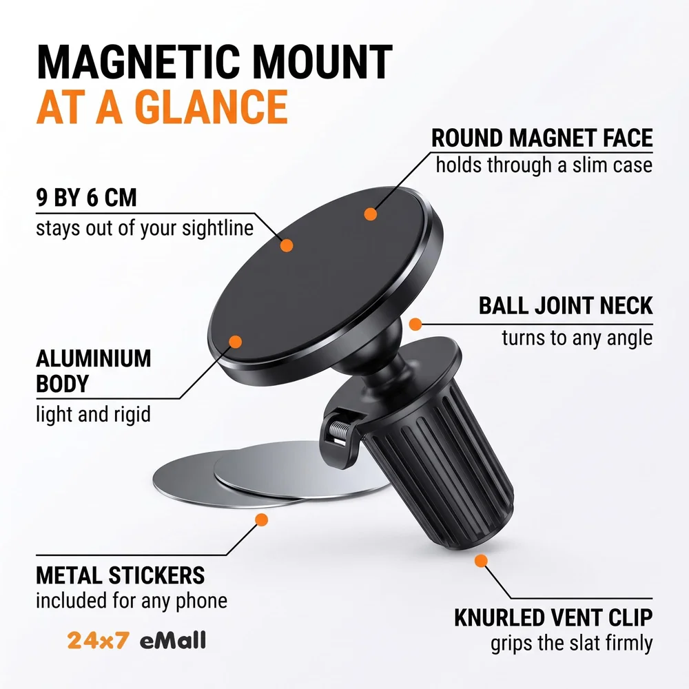 Magnetic Car Phone Mount Holder, Universal AC Vent Installation, 9cm x 6cm, with Strong Magnets and Metal Stickers, for All Mobile Phones