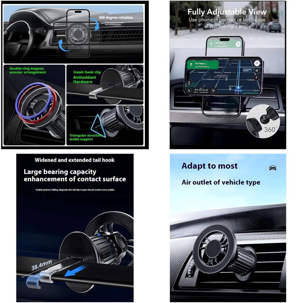 Magnetic Car Phone Mount Holder, Universal AC Vent Installation, 9cm x 6cm, with Strong Magnets and Metal Stickers, for All Mobile Phones