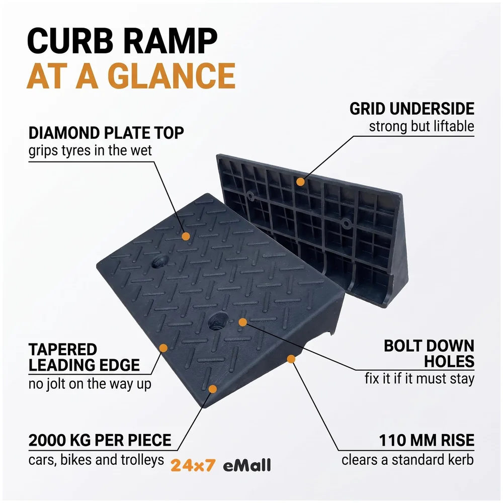 Portable Heavy Duty Curb Ramp for Cars and Bikes Scooters Wheelchairs | Anti-Slip Textured Surface | Grid Base Driveway Garage Loading Dock | 500x320x110mm Premium