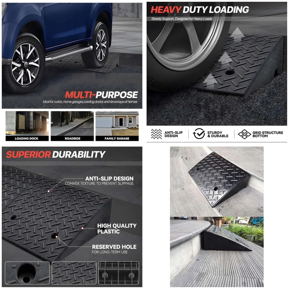 Portable Heavy Duty Curb Ramp for Cars and Bikes Scooters Wheelchairs | Anti-Slip Textured Surface | Grid Base Driveway Garage Loading Dock | 500x320x110mm Premium