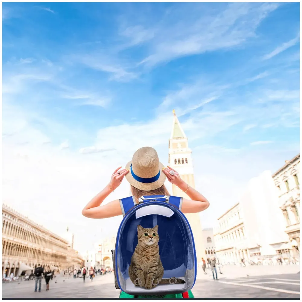 Creative Transparent Pet Backpack Carrier Breathable Capsule Traveller for Cats and Small Dogs. (Blue)