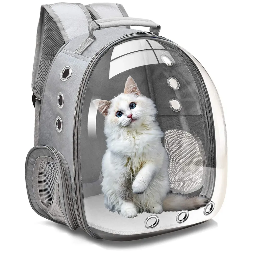 Grey Transparent Pet Backpack Carrier Breathable Capsule Traveller for Cats and Small Dogs.