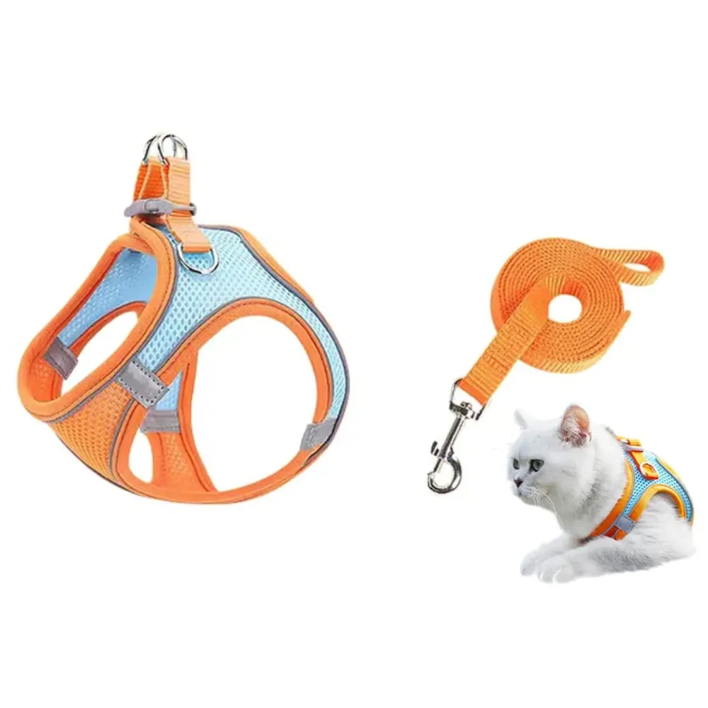 Cat Harness with Leash Adjustable Comfortable Faux Suede Vest Harness with reflectors cat Vest for Walking with Leash 150 cm Length (S, Orange Green)