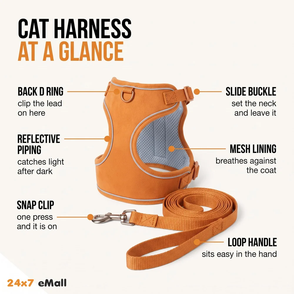 Cat Harness with Leash Adjustable Comfortable Faux Suede Vest Harness with reflectors cat Vest for Walking with Leash 150 cm Length (S, Orange Green)