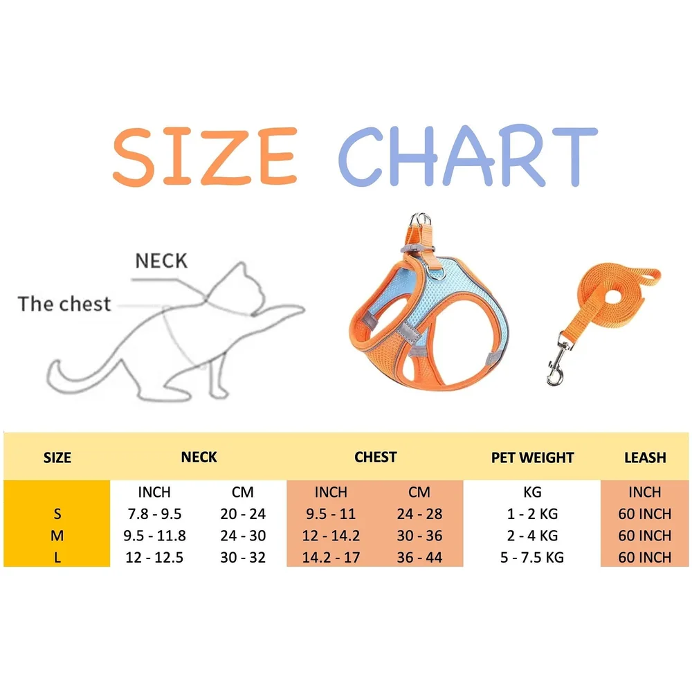 Cat Harness with Leash Adjustable Comfortable Faux Suede Vest Harness with reflectors cat Vest for Walking with Leash 150 cm Length (S, Orange Green)