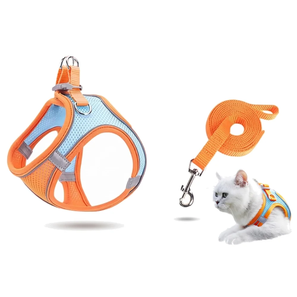 Cat Harness with Leash Adjustable Comfortable Faux Suede Vest Harness with reflectors cat Vest for Walking with Leash 150 cm Length (M, Orange Green)