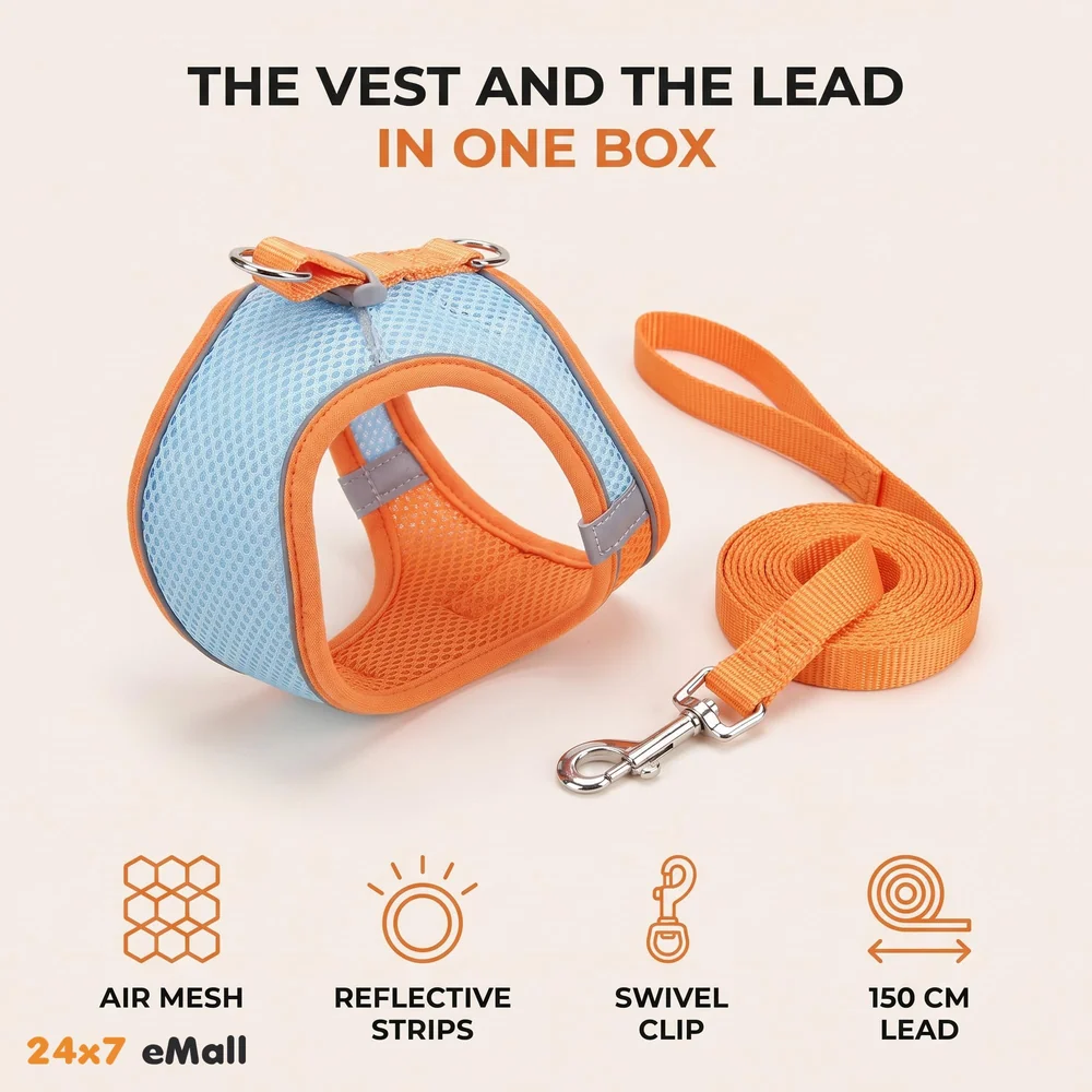 Cat Harness with Leash Adjustable Comfortable Faux Suede Vest Harness with reflectors cat Vest for Walking with Leash 150 cm Length (M, Orange Green)