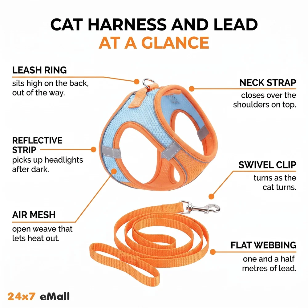Cat Harness with Leash Adjustable Comfortable Faux Suede Vest Harness with reflectors cat Vest for Walking with Leash 150 cm Length (M, Orange Green)