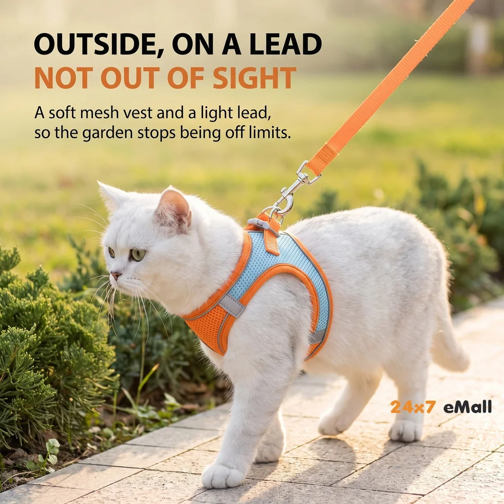 Cat Harness with Leash Adjustable Comfortable Faux Suede Vest Harness with reflectors cat Vest for Walking with Leash 150 cm Length (M, Orange Green)