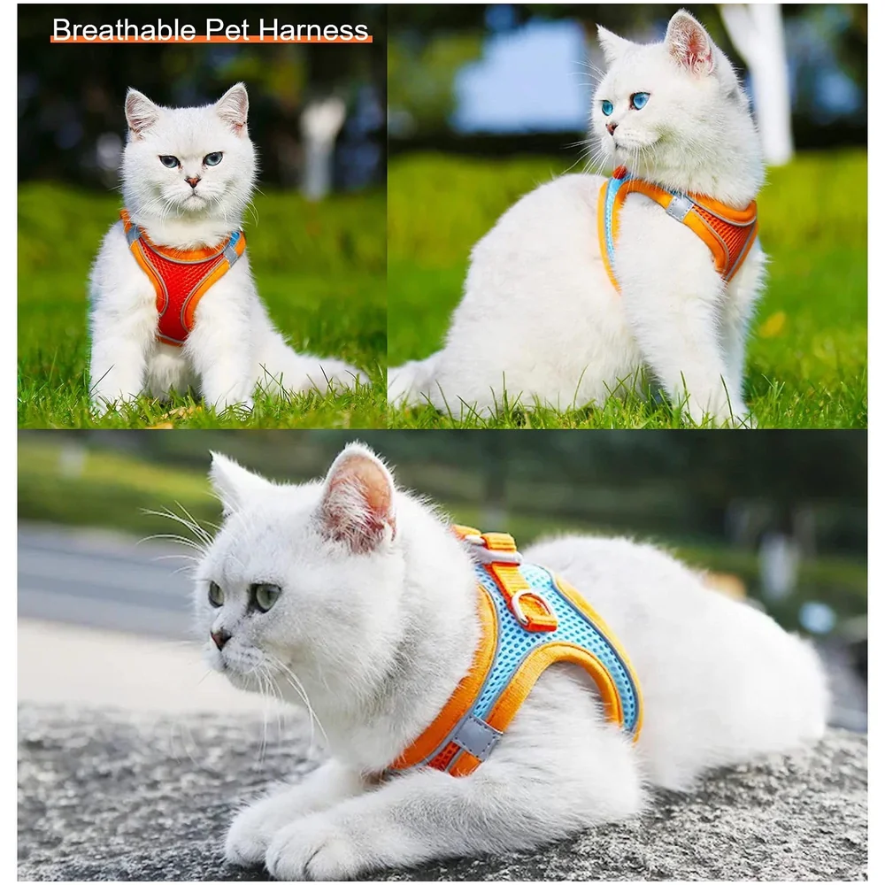 Cat Harness with Leash Adjustable Comfortable Faux Suede Vest Harness with reflectors cat Vest for Walking with Leash 150 cm Length (M, Orange Green)