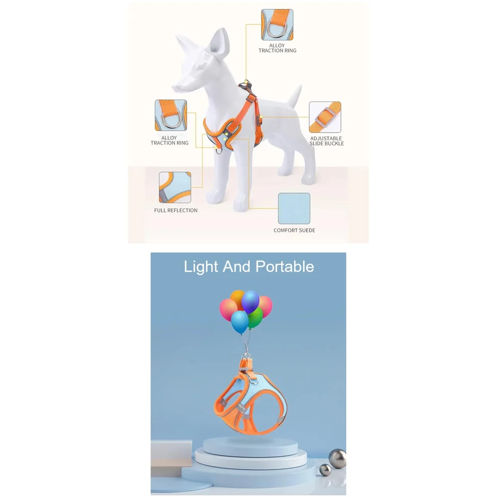 Cat Harness with Leash Adjustable Comfortable Faux Suede Vest Harness with reflectors cat Vest for Walking with Leash 150 cm Length (M, Orange Green)