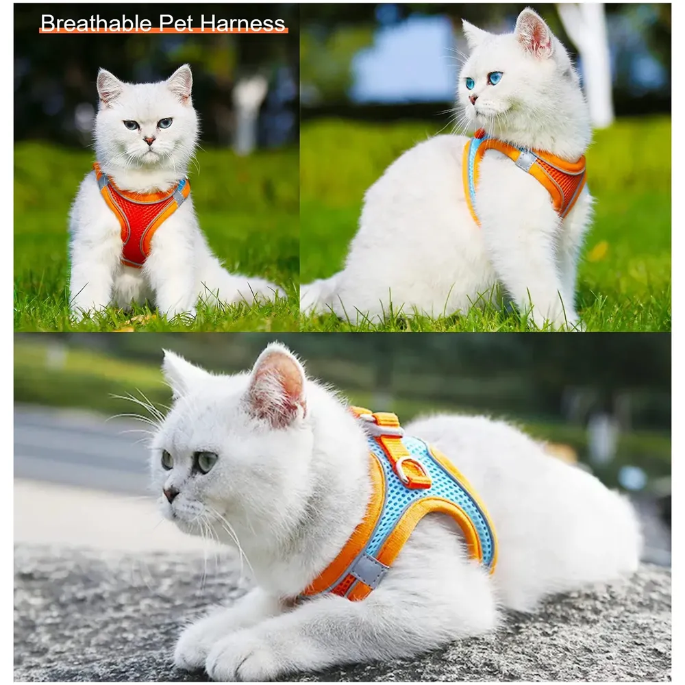 Cat Harness with Leash Adjustable Comfortable Faux Suede Vest Harness with reflectors cat Vest for Walking with Leash 150 cm Length (L, Orange Green)