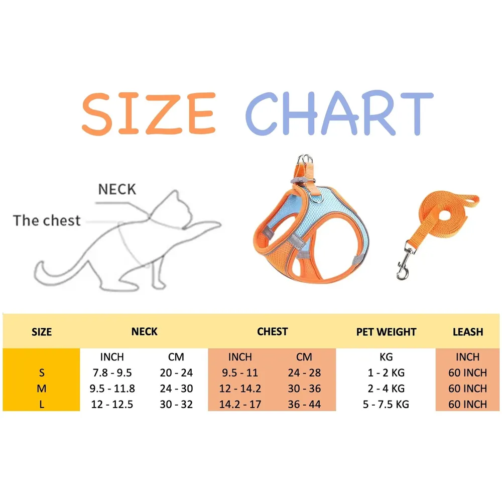 Cat Harness with Leash Adjustable Comfortable Faux Suede Vest Harness with reflectors cat Vest for Walking with Leash 150 cm Length (L, Orange Green)