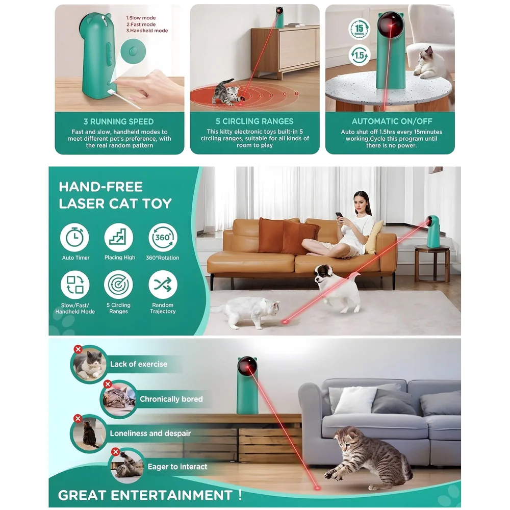 Automatic Cat Laser Toy, Interactive Laser Cat Toys Rotating Catch Training, Placing High, 5 Random Pattern, Automatic On Off and Silent, 3 Speed Modes