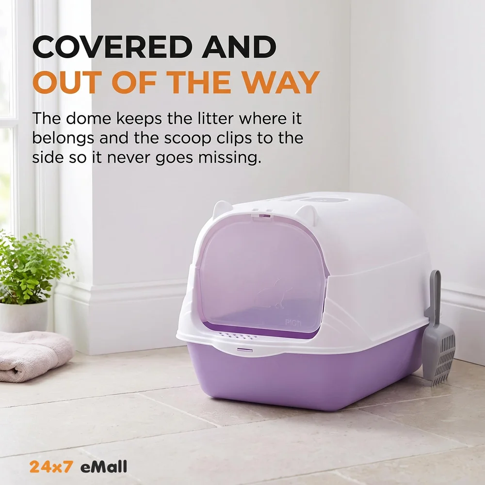 Purple Cat Litter Box Cat Litter Tray with Dome and Scoop with Foul Smell Absorber 18 x14 x14 Inch Blue (45x35x35Cm)