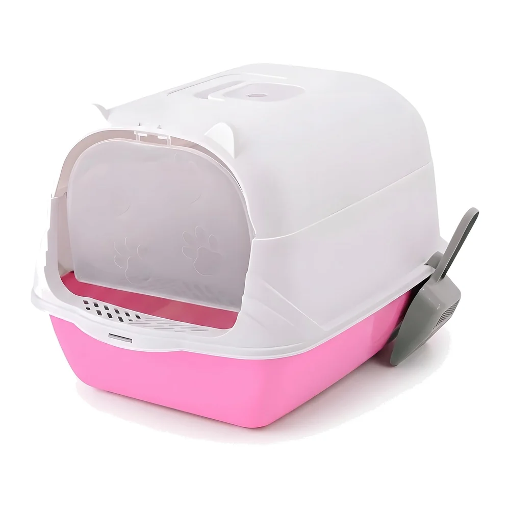 Pink Cat Litter Box Cat Litter Tray with Dome and Scoop with Foul Smell Absorber 18 x14 x14 Inch (45x35x35Cm)