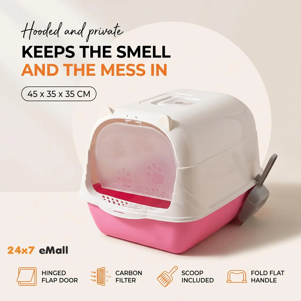 Pink Cat Litter Box Cat Litter Tray with Dome and Scoop with Foul Smell Absorber 18 x14 x14 Inch (45x35x35Cm)