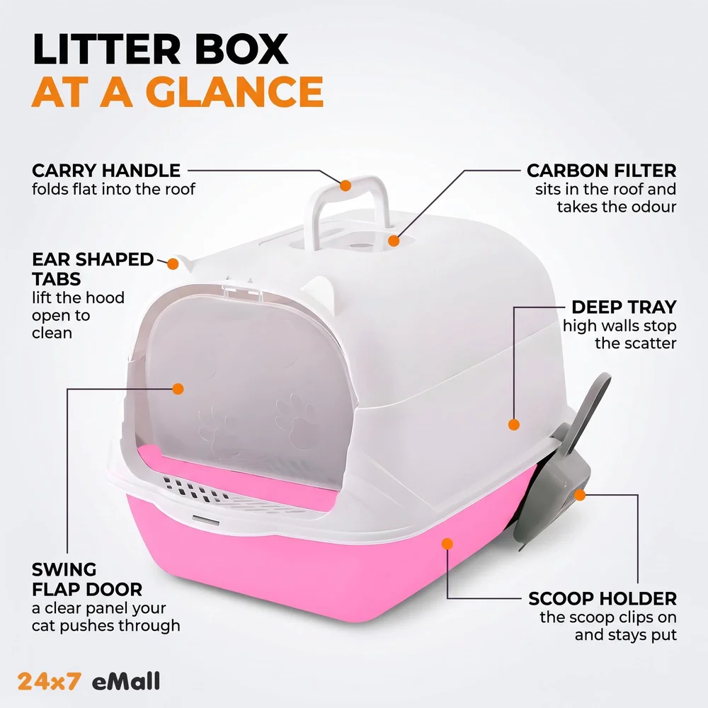 Pink Cat Litter Box Cat Litter Tray with Dome and Scoop with Foul Smell Absorber 18 x14 x14 Inch (45x35x35Cm)