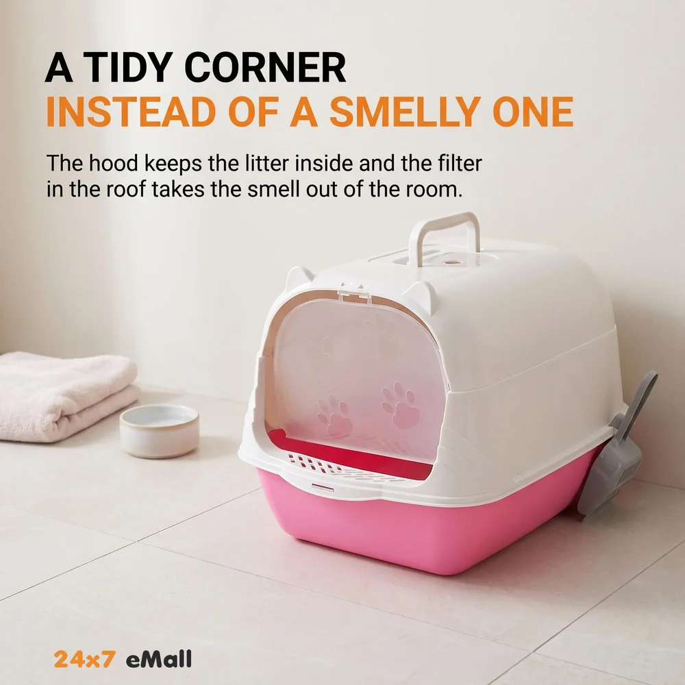 Pink Cat Litter Box Cat Litter Tray with Dome and Scoop with Foul Smell Absorber 18 x14 x14 Inch (45x35x35Cm)